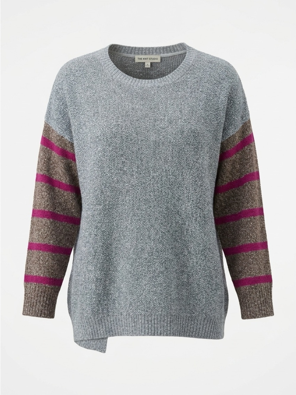 Blue Crewneck Sweater with Gray & Magenta Stripe Sleeves